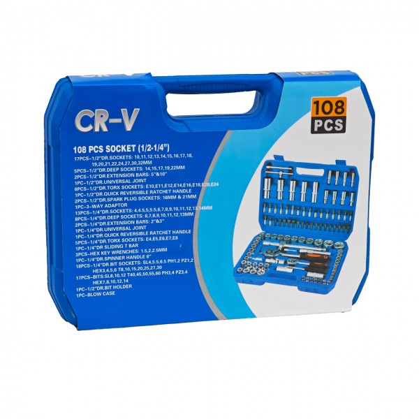 Trusă chei tubulare și biți CR-V 108 piese, 1/2" și 1/4", cu clichet reversibil și valiză de transport