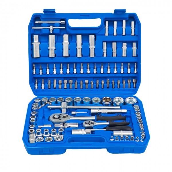 Trusă chei tubulare și biți CR-V 108 piese, 1/2" și 1/4", cu clichet reversibil și valiză de transport