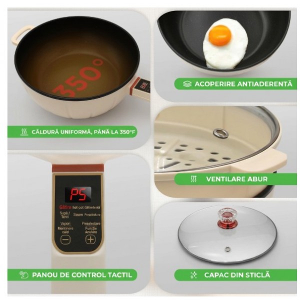 Tigaie Electrica Multifunctionala 26cm, Capacitate 3L, Invelis Antiaderent Ceramic, Putere 1000-1350W, Timer 1-12 Ore