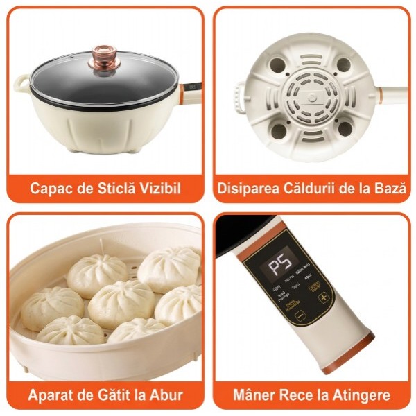 Tigaie Electrica Multifunctionala 26cm, Capacitate 3L, Invelis Antiaderent Ceramic, Putere 1000-1350W, Timer 1-12 Ore