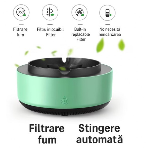 Pachet 1+1 Scrumiera Electrica cu Aspiratie si Purificator Aer, 2 Pastile Odorizante Incluse, Filtrare Fum si Mirosuri, Baterii,Compacta