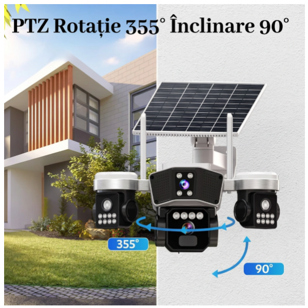 Camera Supraveghere WiFi Solara Triple-Lens 9MP | Vedere 360° | Detectie PIR | 20 LED-uri Night Vision 30m | Card Cadou | IP65