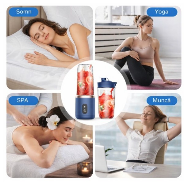 Mini Blender Portabil USB, 2x400 ml, 6 Lame Inox, 21000 RPM, Baterie 12000 mAh, 2 Pahare ABS
