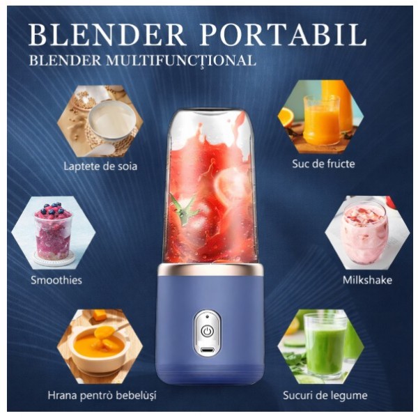 Mini Blender Portabil USB, 2x400 ml, 6 Lame Inox, 21000 RPM, Baterie 12000 mAh, 2 Pahare ABS