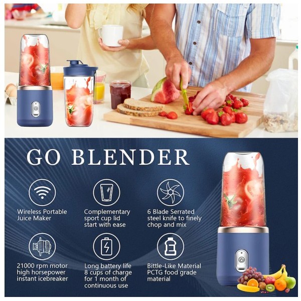 Mini Blender Portabil USB, 2x400 ml, 6 Lame Inox, 21000 RPM, Baterie 12000 mAh, 2 Pahare ABS