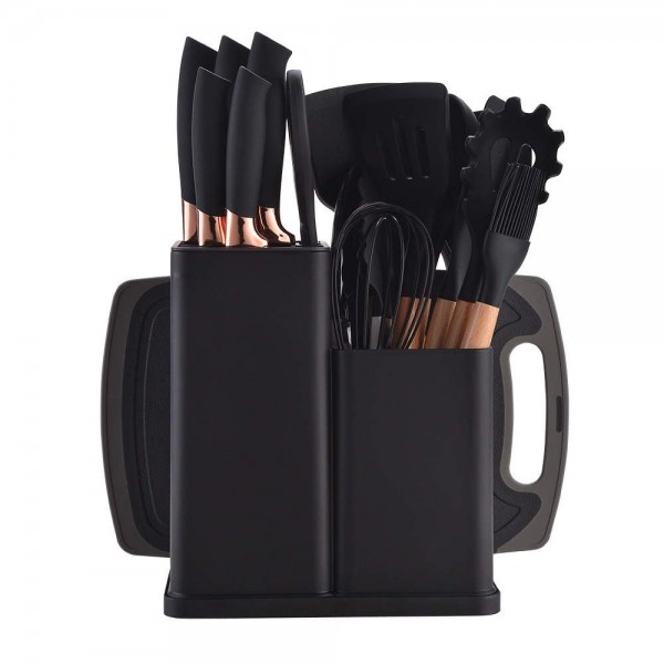 Set Ustensile de Bucătărie 19 Piese, 5 Cuțite, Ustensile din Silicon, Tocător, Foarfecă și Suport Organizator, Negru