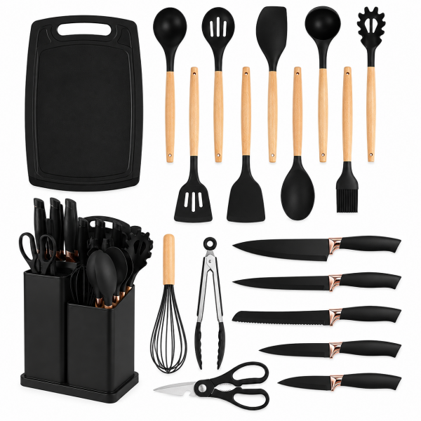 Set Ustensile de Bucătărie 19 Piese, 5 Cuțite, Ustensile din Silicon, Tocător, Foarfecă și Suport Organizator, Negru