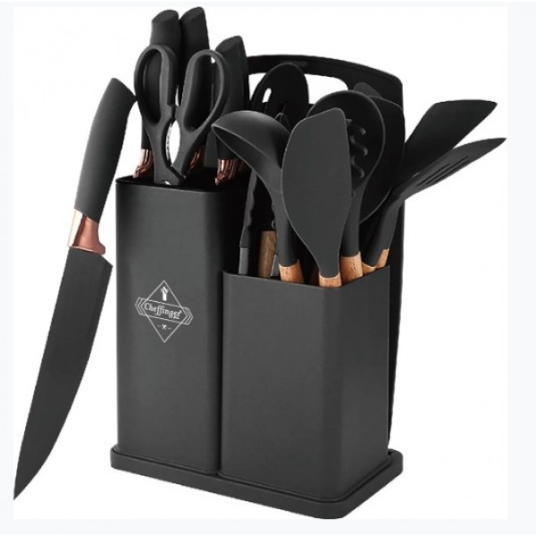 Set Ustensile de Bucătărie 19 Piese, 5 Cuțite, Ustensile din Silicon, Tocător, Foarfecă și Suport Organizator, Negru