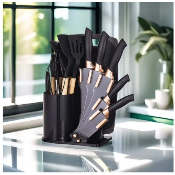 Set Ustensile de Bucătărie 19 Piese, 5 Cuțite, Ustensile din Silicon, Tocător, Foarfecă și Suport Organizator, Negru