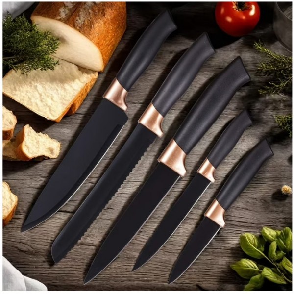 Set Ustensile de Bucătărie 19 Piese, 5 Cuțite, Ustensile din Silicon, Tocător, Foarfecă și Suport Organizator, Negru
