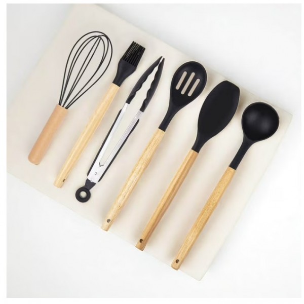 Set Ustensile de Bucătărie 19 Piese, 5 Cuțite, Ustensile din Silicon, Tocător, Foarfecă și Suport Organizator, Negru