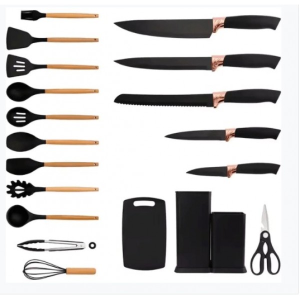 Set Ustensile de Bucătărie 19 Piese, 5 Cuțite, Ustensile din Silicon, Tocător, Foarfecă și Suport Organizator, Negru