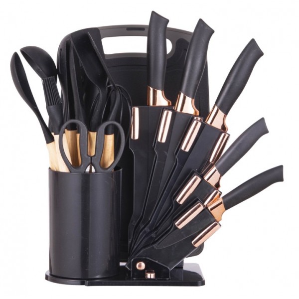 Set Ustensile de Bucătărie 19 Piese, 5 Cuțite, Ustensile din Silicon, Tocător, Foarfecă și Suport Organizator, Negru