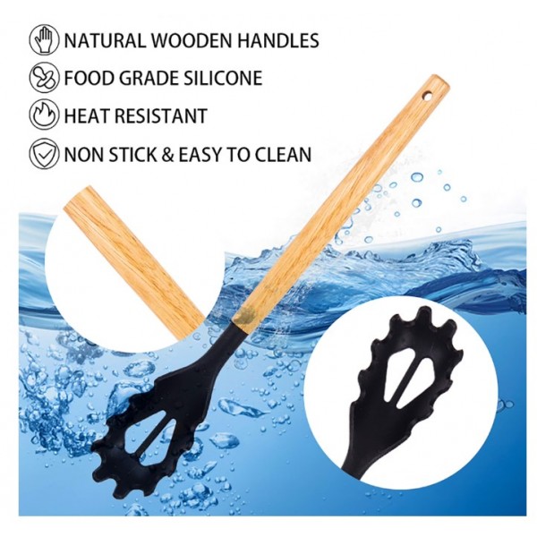 Set Ustensile de Bucătărie 19 Piese, 5 Cuțite, Ustensile din Silicon, Tocător, Foarfecă și Suport Organizator, Negru