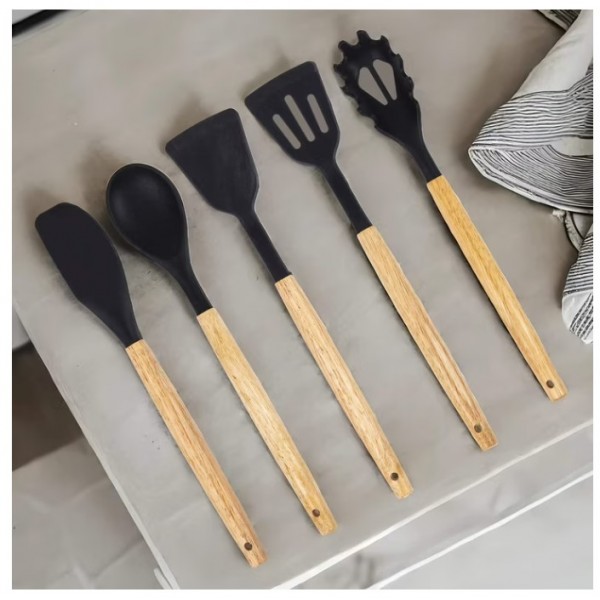 Set Ustensile de Bucătărie 19 Piese, 5 Cuțite, Ustensile din Silicon, Tocător, Foarfecă și Suport Organizator, Negru