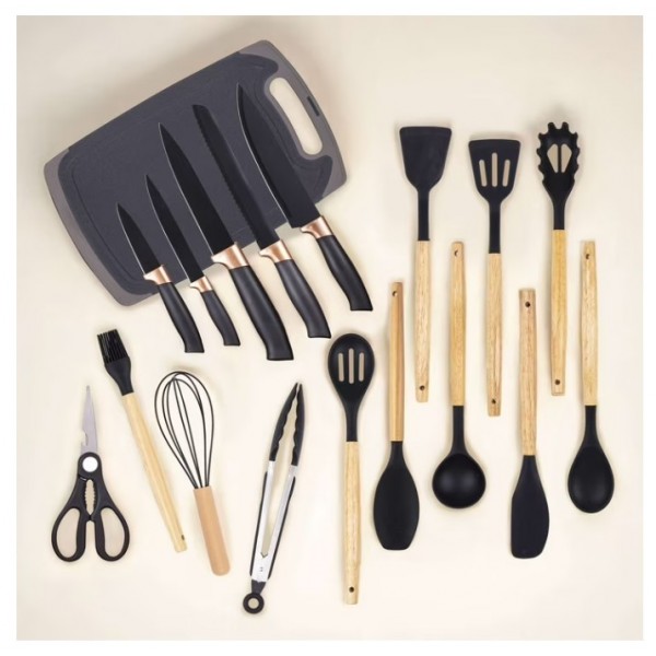 Set Ustensile de Bucătărie 19 Piese, 5 Cuțite, Ustensile din Silicon, Tocător, Foarfecă și Suport Organizator, Negru