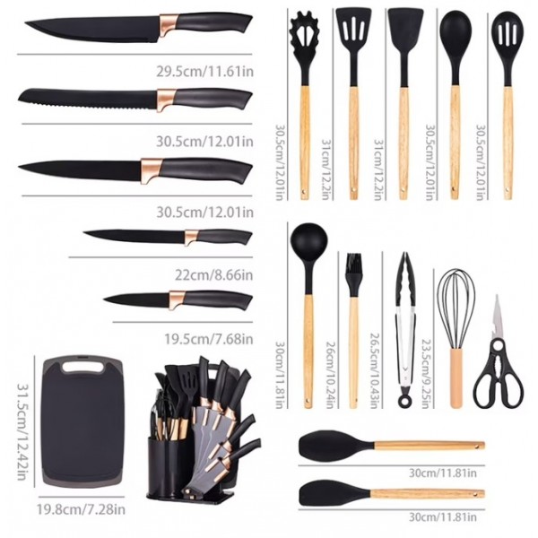 Set Ustensile de Bucătărie 19 Piese, 5 Cuțite, Ustensile din Silicon, Tocător, Foarfecă și Suport Organizator, Negru