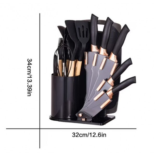 Set Ustensile de Bucătărie 19 Piese, 5 Cuțite, Ustensile din Silicon, Tocător, Foarfecă și Suport Organizator, Negru