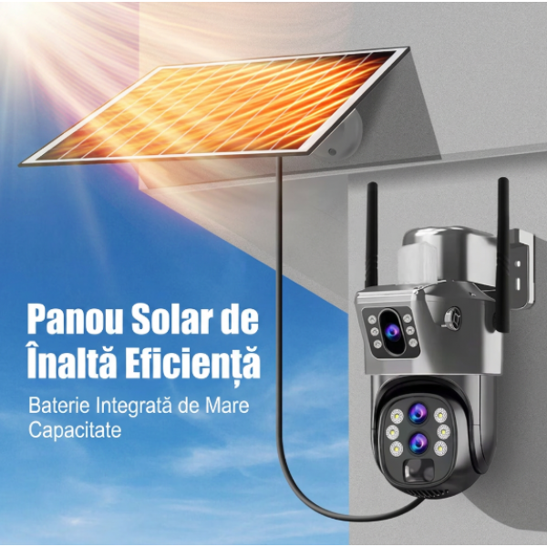 Cameră de Supraveghere WiFi Solară ZY-TP16G – Dual Lens 6MP (3MP+3MP), Rotire 360°, Vedere Nocturnă Color , Gri