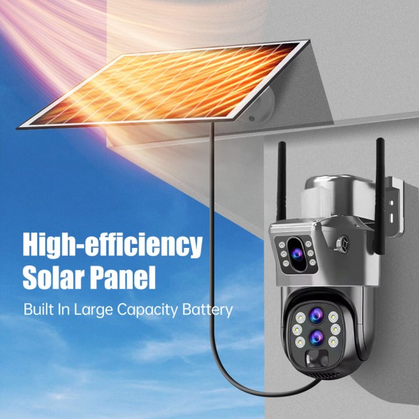 Cameră Supraveghere 4G LTE cu Panou Solar, Doua Lentile, Zoom Optic 10X, 6MP (3MP+3MP), Aplicație V380 Pro