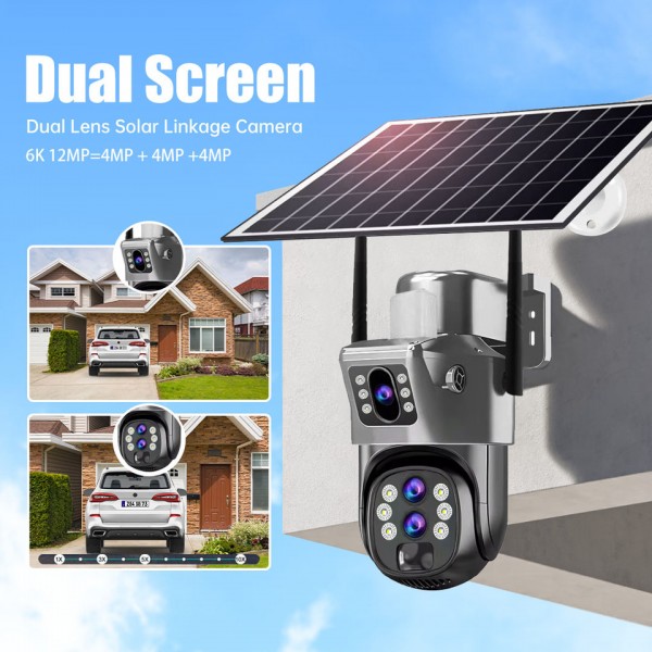 Cameră Supraveghere 4G LTE cu Panou Solar, Doua Lentile, Zoom Optic 10X, 6MP (3MP+3MP), Aplicație V380 Pro