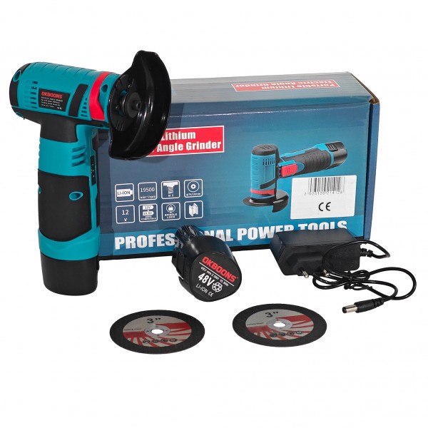 Mini Polizor Unghiular Portabil (Flex) OKBOONS 48V, include 2 Acumulatori Li-Ion și 2 Discuri de Tăiere