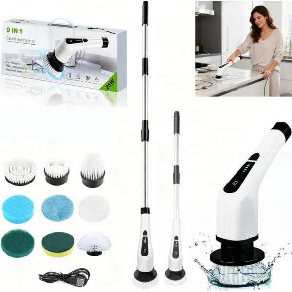 Perie Electrică de Curățare 9 în 1, 25W, Acumulator Reîncărcabil, Mâner Telescopic, Autonomie până la 90 min, IPX7, 9 Accesorii