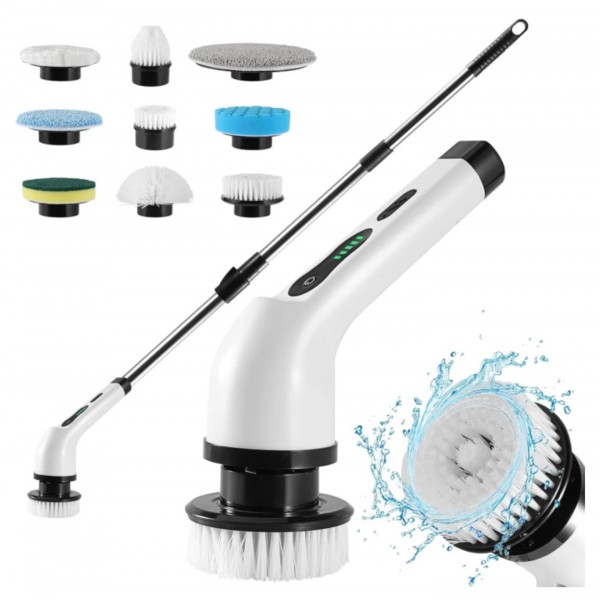 Perie Electrică de Curățare 9 în 1, 25W, Acumulator Reîncărcabil, Mâner Telescopic, Autonomie până la 90 min, IPX7, 9 Accesorii
