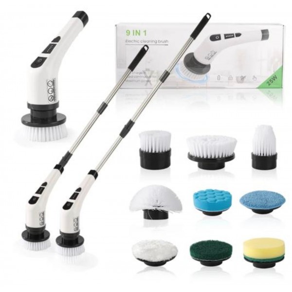 Perie Electrică de Curățare 9 în 1, 25W, Acumulator Reîncărcabil, Mâner Telescopic, Autonomie până la 90 min, IPX7, 9 Accesorii