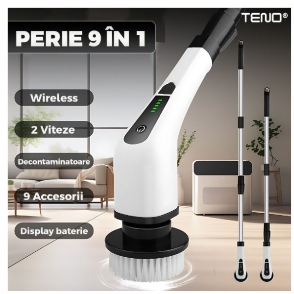 Perie Electrică de Curățare 9 în 1, 25W, Acumulator Reîncărcabil, Mâner Telescopic, Autonomie până la 90 min, IPX7, 9 Accesorii