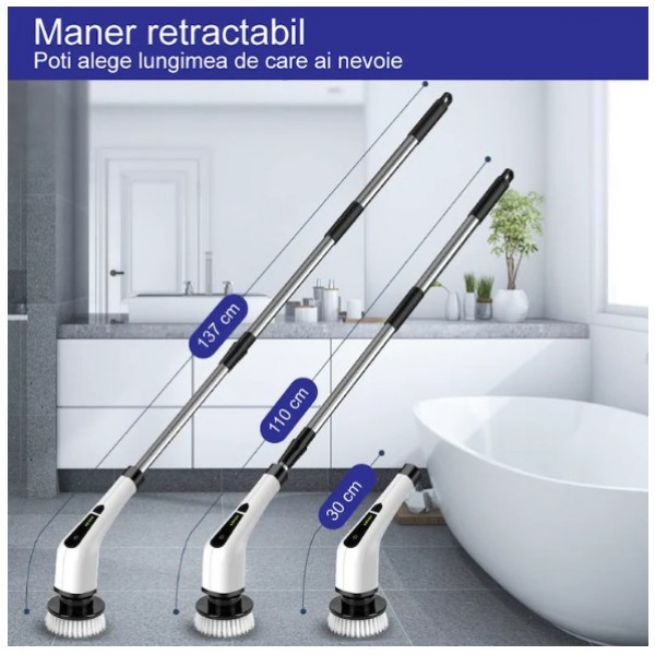 Perie Electrică de Curățare 9 în 1, 25W, Acumulator Reîncărcabil, Mâner Telescopic, Autonomie până la 90 min, IPX7, 9 Accesorii