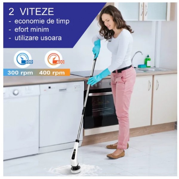 Perie Electrică de Curățare 9 în 1, 25W, Acumulator Reîncărcabil, Mâner Telescopic, Autonomie până la 90 min, IPX7, 9 Accesorii