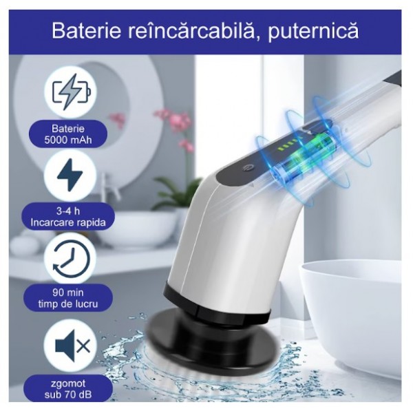 Perie Electrică de Curățare 9 în 1, 25W, Acumulator Reîncărcabil, Mâner Telescopic, Autonomie până la 90 min, IPX7, 9 Accesorii