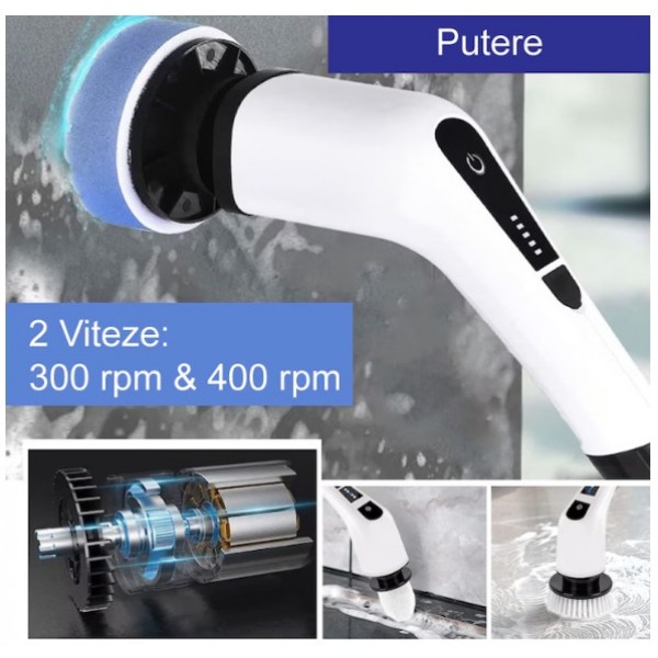 Perie Electrică de Curățare 9 în 1, 25W, Acumulator Reîncărcabil, Mâner Telescopic, Autonomie până la 90 min, IPX7, 9 Accesorii