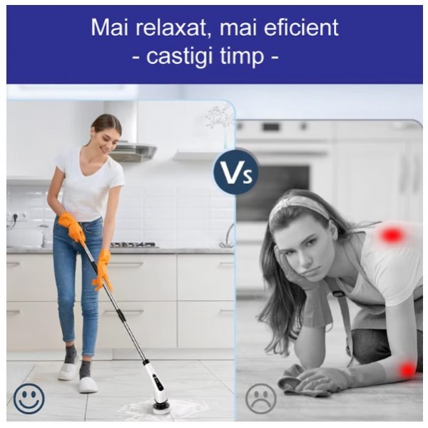 Perie Electrică de Curățare 9 în 1, 25W, Acumulator Reîncărcabil, Mâner Telescopic, Autonomie până la 90 min, IPX7, 9 Accesorii