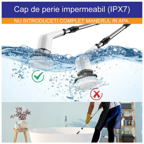 Perie Electrică de Curățare 9 în 1, 25W, Acumulator Reîncărcabil, Mâner Telescopic, Autonomie până la 90 min, IPX7, 9 Accesorii