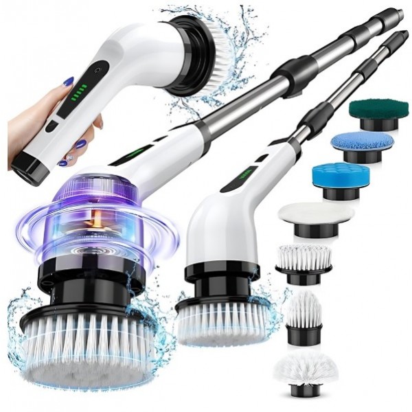 Perie Electrică de Curățare 9 în 1, 25W, Acumulator Reîncărcabil, Mâner Telescopic, Autonomie până la 90 min, IPX7, 9 Accesorii