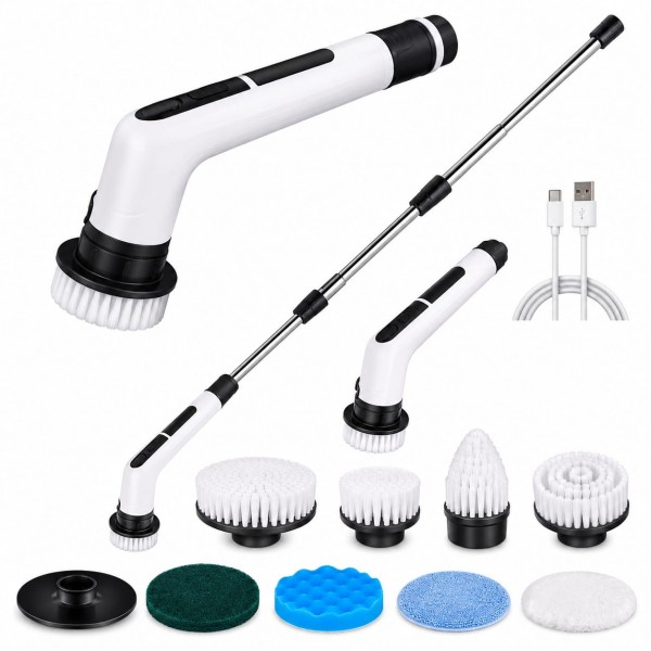 Perie Electrică de Curățare 9 în 1, 25W, Acumulator Reîncărcabil, Mâner Telescopic, Autonomie până la 90 min, IPX7, 9 Accesorii
