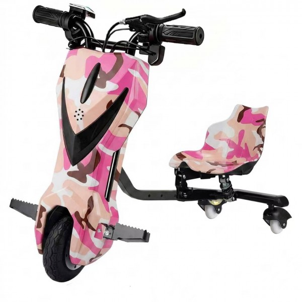 Trotinetă Electrică Drift Trike pentru Copii cu Scaun, Rotire 360°, 3 Roți – Model PINK CAMO Trotinetă Electrică Drift Trike pentru Copii cu Scaun, Rotire 360°, 3 Roți – Model PINK CAMO