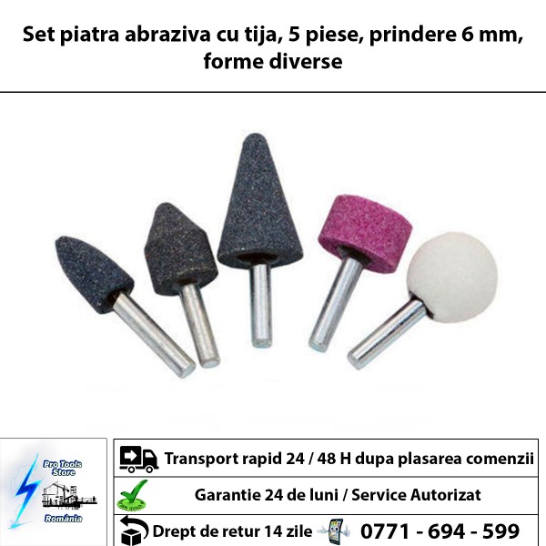 Set piatra abraziva cu tija, 5 piese, prindere 6 mm, forme diverse