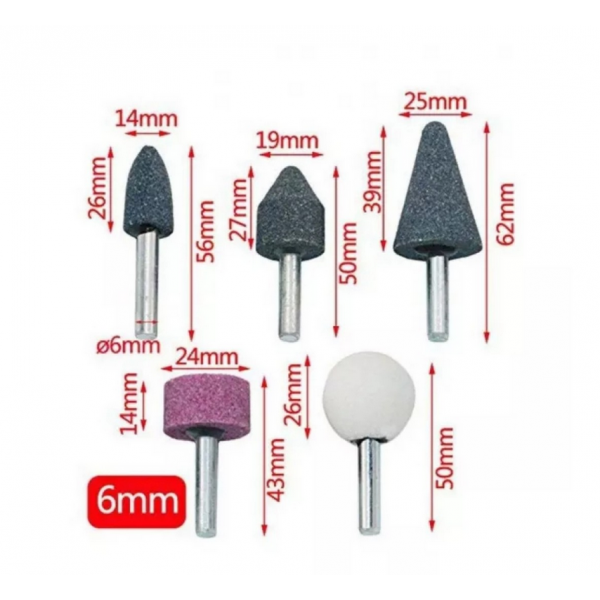 Set piatra abraziva cu tija, 5 piese, prindere 6 mm, forme diverse