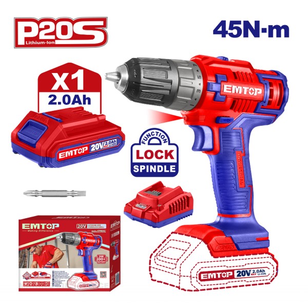 Autofiletanta cu acumulator EMTOP , 20 V , 2 Ah , 45 Nm , 15+1 trepte cuplu . 2 trepte viteza , 1500 Rpm