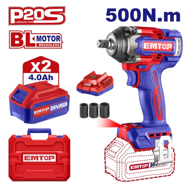 Bormasina de impact si insurubat cu 2 acumulatori 4.0Ah, motor fara perii (brushless), 500 Nm, 1/2", 3 Tubulare 21, 22, 24mm , Industrial