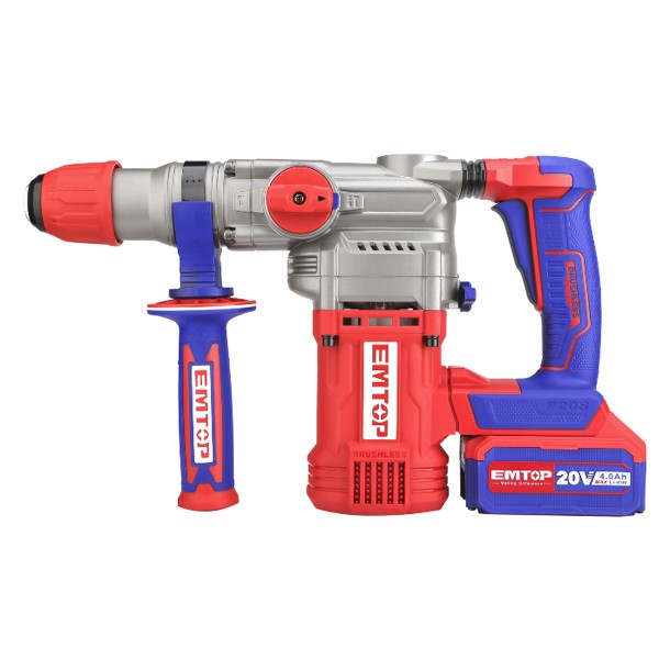 Ciocan rotopercutor cu 2 acumulatori 4.0Ah, motor fara perii (brushless), 28mm, 2.0 J, 3 burghie, Emtop - Profesional