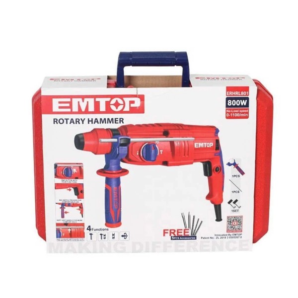 Ciocan rotopercutor electric , 800W, 2.5J, 3 burghie si 2 dalti incluse, cutie de transport - ERHRL801, EMTOP
