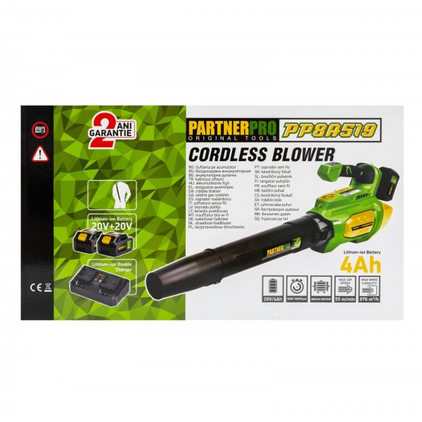 Suflanta pe acumulator PARTNERPRO PP8A519 , 2x20V 4Ah, 1 incarcator dublu, 9000-19000 RPM, 55 m/s