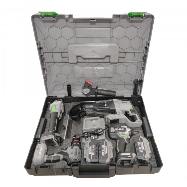 Trusa 4 piese cu acumulator 36 V, 5 Ah, Havek-Japonia, Model nou Brushless, Rotopercutor, Polizor unghiular, Autofiletanta & Masina de insurubat cu impact