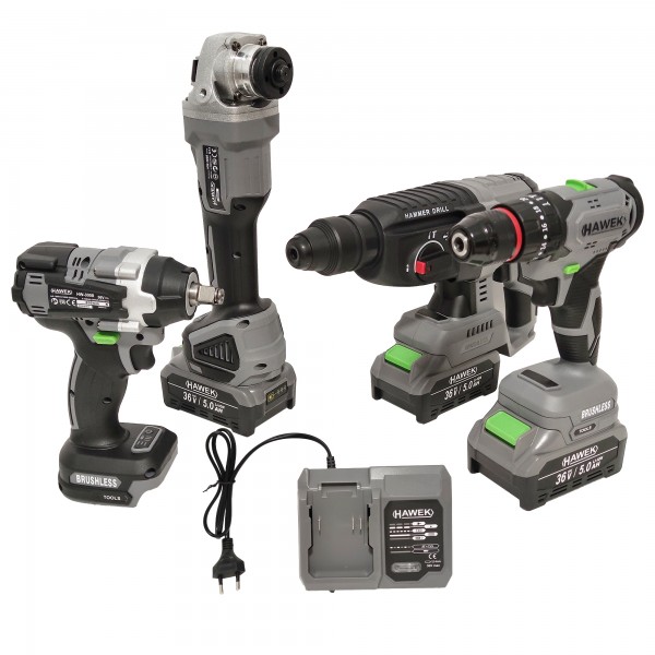Trusa 4 piese cu acumulator 36 V, 5 Ah, Havek-Japonia, Model nou Brushless, Rotopercutor, Polizor unghiular, Autofiletanta & Masina de insurubat cu impact