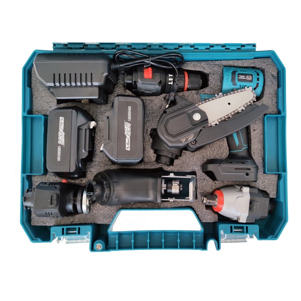 Trusa 5 in 1 German Meister, cu 2 Acumulatori, 24V, 5Ah, (Mini drujba, Autofiletanta, Pistol Impact, Flex, Fierastrau Sabie)