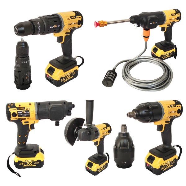 Trusa 5 in 1 Kraftroyal, 2 acumulatori 36V 8Ah, Autofiletanta, Cheie impact, Polizor unghiular, Rotopercutor, Pistol spalare cu presiune